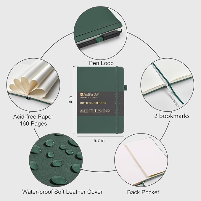 &And Per Se Dotted Journal and Pen Set, A5 Leather Hardcover Dotted Notebook, 160 Pages 100GSM Thick Paper Dot Grid Journal with Fineliner Pen (Green)