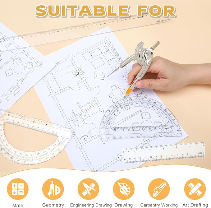 4 Pieces Geometry Math Set Compass for Geometry Math Compass and Protractor Set Include Metal Compass with Pencil Plastic Ruler and Protractor for Student School Office Woodworking Drawing Tools