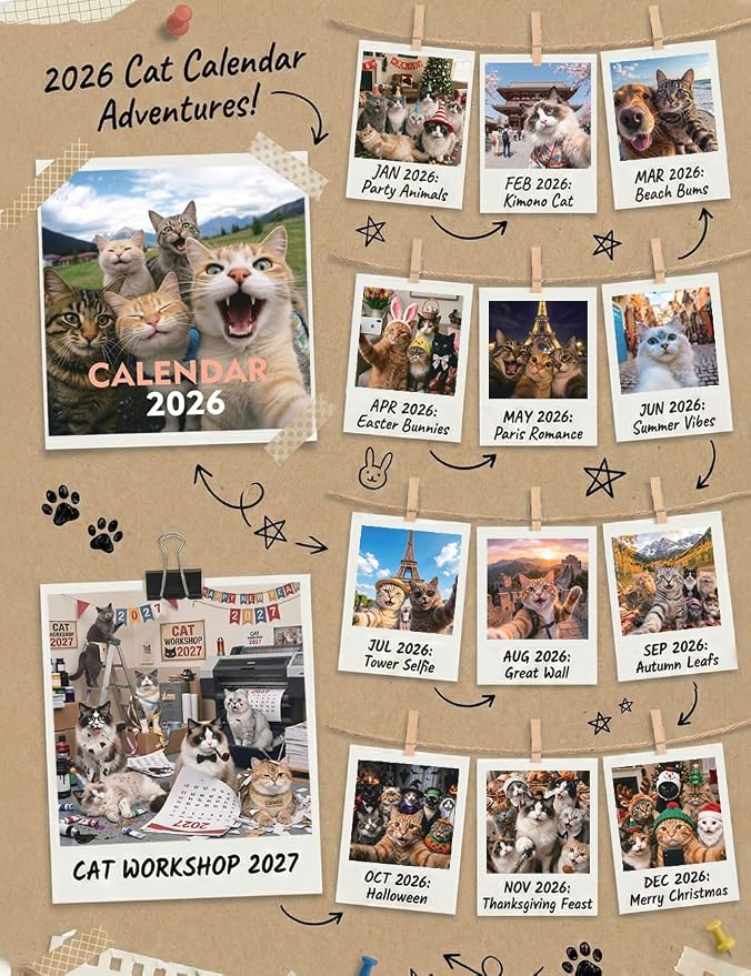 2026 Cat Selfies Wall Calendar | Sweet Multi-Breed Cats & Kittens Calendar | 12 Month | 12" x 24" Open | Thick & Sturdy Paper | Gift for Cat Lovers, Men, Women, Kids