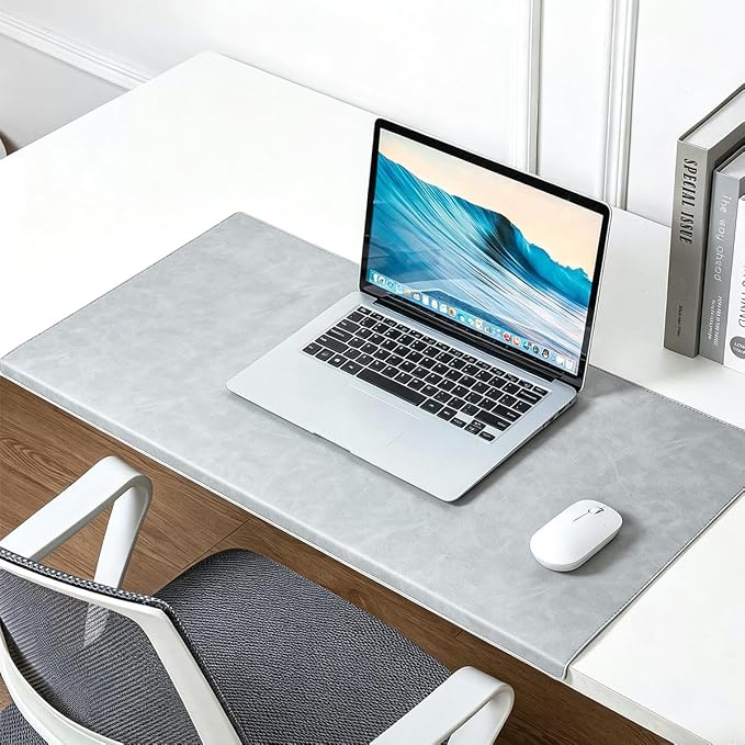 Edge-Locked Non-Slip Large Desk Pad with Edge Protector, Leather Office Laptop Mouse Mat Extended Table Protector, Desk Blotter for Writing Game Work Typing (Grey,23.6"x11.8")
