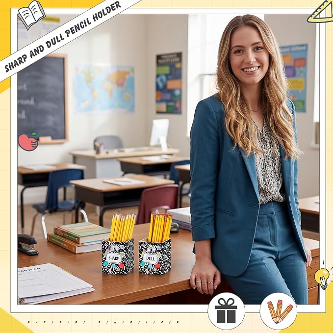 DoubleFill 2 Pcs Notebook Shaped Holder Sharp Dull Holder Wooden Dispenser Pencil Storage with Classic Composition Notebook Design for Back to School Teachers Classroom Organization Accessories