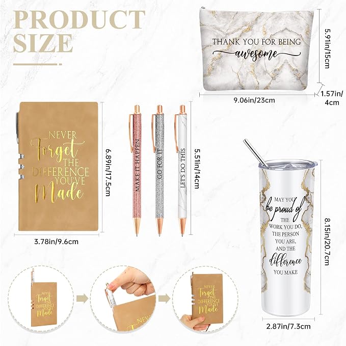 Domensi 6 Pcs Employee Appreciation Gift Set for Women Female Thank You Gift May You Be Proud 20 oz Rustic Marble Sign Tumbler Makeup Bag Journal for Boss Teacher Work Business(White)