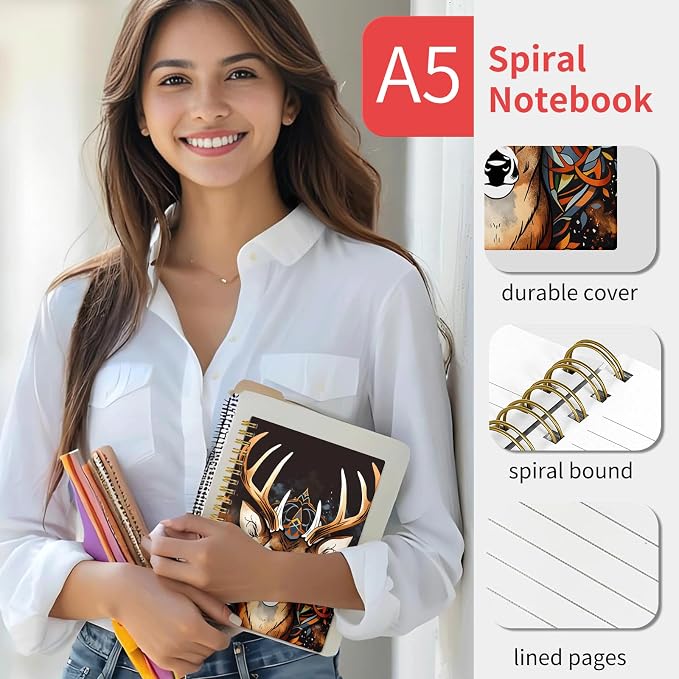 KZYVFNPQ Spiral Journal Notebook for Women Men, A5 Cute Hardcover Lined Notebook with Strong Binding,College Ruled Notebook for Office Work Writing(Deer Tribal)