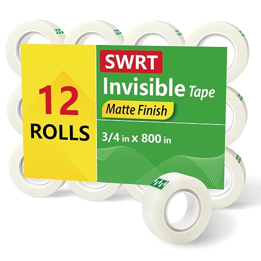 SWRT Invisible Tape Refills, 12 Rolls, 3/4 in x 800 in, Matte Finish | Blends into Paper; Easy to Write On; Neat Paper Repairs; Quick Label Fixes; Fits Tape Dispensers; Office, School, Home