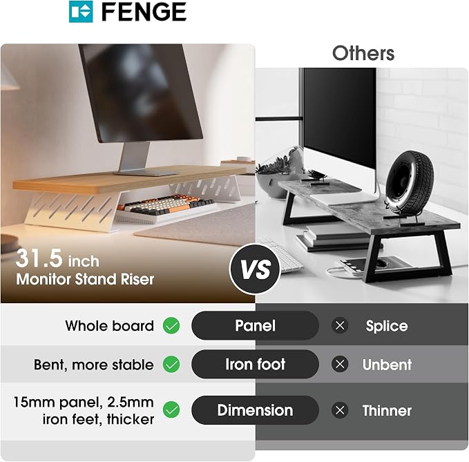 Fenge Monitor Stand Riser, Wooden & Metal Desk Shelf Organizer, Oak | 31.5 Inch Computer Stand for Compact Work Station, Multifunctional Monitor Shelf for Laptop, PC, Printer