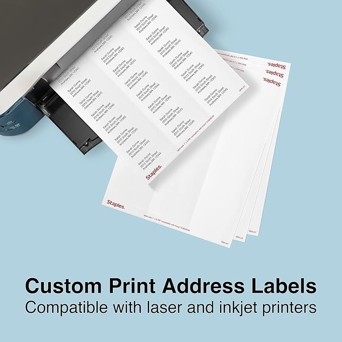Staples 1" x 2-5/8" Address Labels, White – Easy-Peel Printable Laser & Inkjet Mailing Labels, 30 Labels per Sheet, 100-Pack