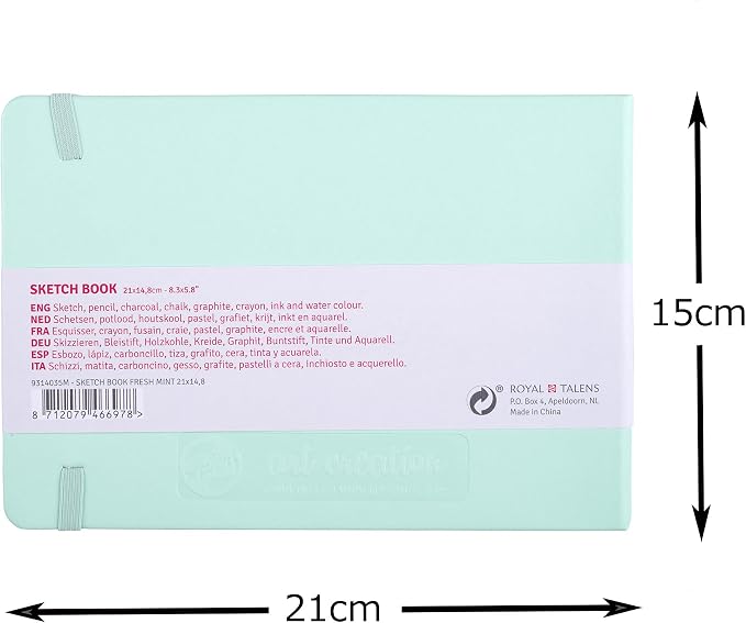 Talens Art Creation Sketchbook, Fresh Mint, 80 Sheets, 8.3 x 5.8 in | Hard-Bound Pocket Notebook, 140 GSM/94 lbs Paper, Acid-Free Cream Blank Paper, Ribbon Bookmark and Elastic Closure