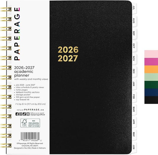 PAPERAGE Academic Planner, Weekly & Monthly Planner & Calendar, 12-Months, July 2026 - June 2027, (7" x 8"), School & Student Planning Agenda with Tabs, Bonus Pages & Inner Pocket, Black