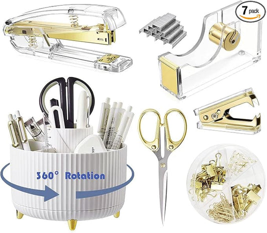 Gawsey Gold Desk Organizers and Accessories with Desk Organizer 360° Rotating Pen Holder and Office Supplies, Cute Stationery Supplies Set