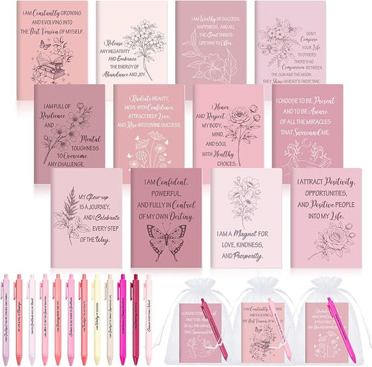 Mooliwe 24 Pcs Positive Affirmation Gift Set Gratitude Notebooks with Pens Small Bags Motivational Encouragement Notepads Daily Affirmations Journal for Women Stress Relief Self Care (Pink)