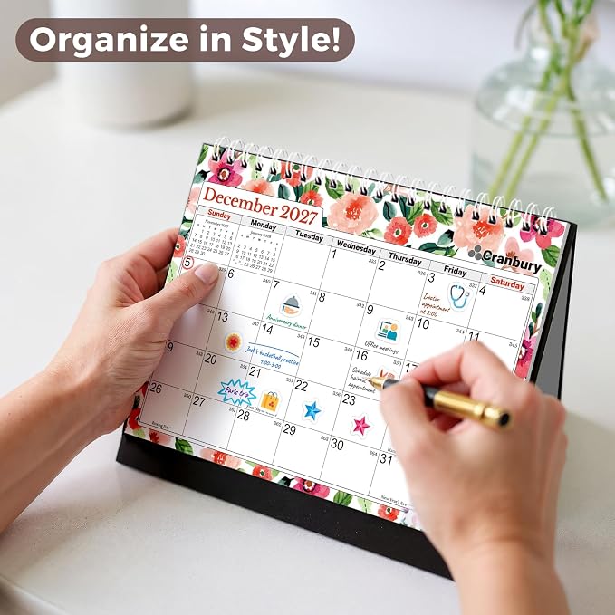 CRANBURY Small Desk Calendar 2026-2027 Standing Flip, July 2026 to Dec 2027, 8x6 Desktop Calendar with Stickers, 18 Months Desk Planner for School & Office, Spiral Bound, Floral Design