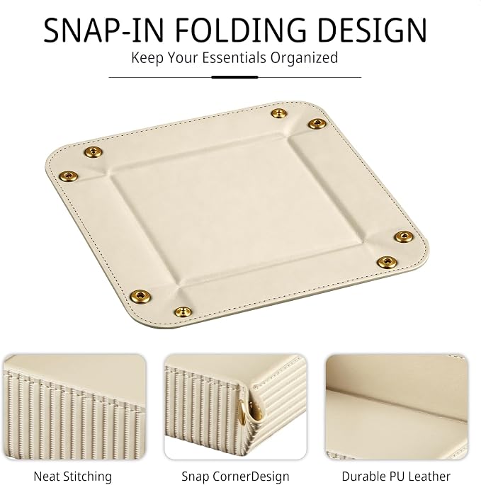 YAPISHI Light Luxury Valet Tray for Men, PU Leather Vanity Jewelry Tray & Decorative Perfume Catchall, Folding Travel EDC Dump Tray, Nightstand Organizer Caddy for Keys, Watches, Coin Bowl Dish