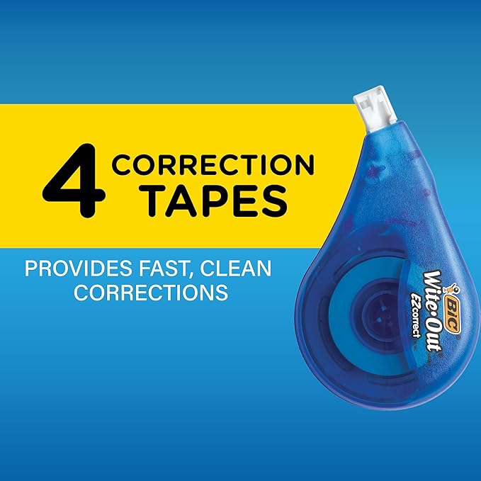 BIC Wite-Out EZ Correct Correction Tape, School Supplies for Students and Teachers, Applies Dry, No Dry Time, Tear Resistant, 4-Count Pack in White