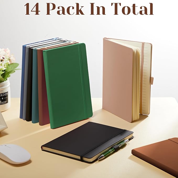 Laumoi 14 Pack Hardcover Journal Notebooks Bulk Journaling Notebook Wide Ruled PU Leather Ruled Lined Journals with Pen Holder for School Business Work Writing (Deep Color,A5)