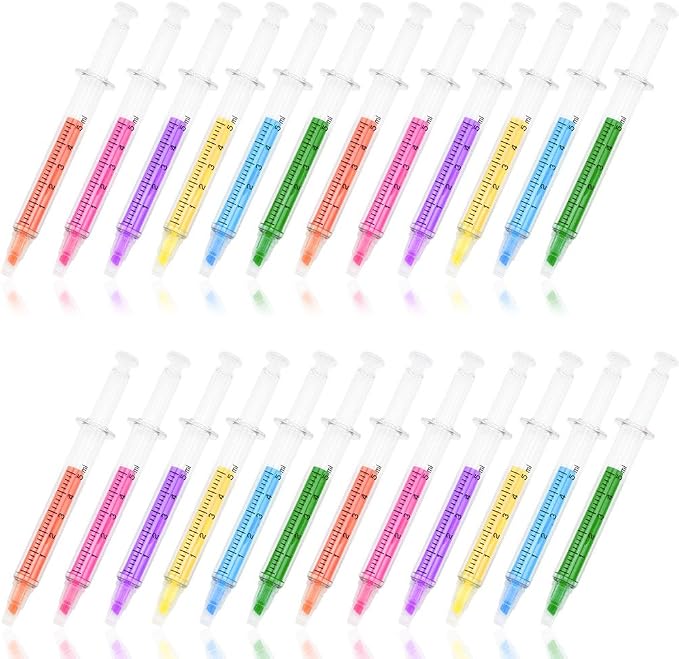 Syringe Highlighter Pens with 6 Colors (24pc) - Bulk Medical Theme Gifts for Nurses & Office Supplies
