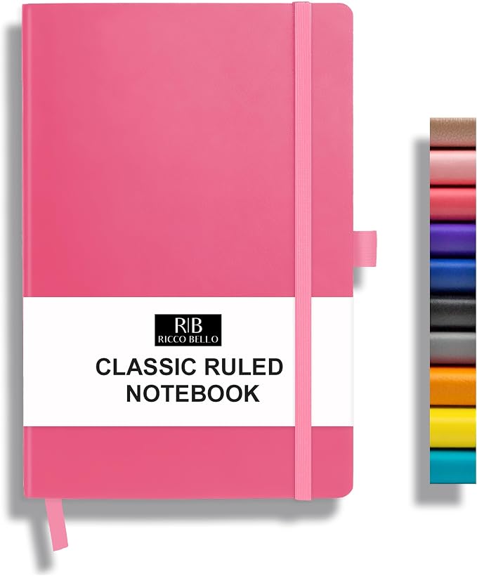 RICCO BELLO Lined Journal Notebook, Pink, 5.7 x 8.4-Inches | Faux Leather Hardcover, Pen Holder, College Ruled, 96 Sheets / 192 Pages, For Work & Notes