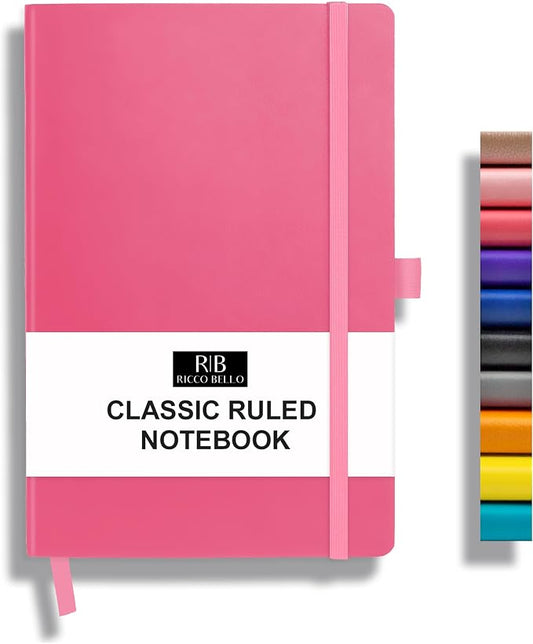 RICCO BELLO Lined Journal Notebook, Pink, 5.7 x 8.4-Inches | Faux Leather Hardcover, Pen Holder, College Ruled, 96 Sheets / 192 Pages, For Work & Notes