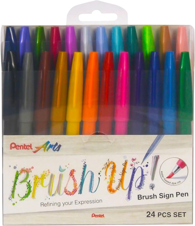 Pentel Brush Sign Pen SES15C - Brush Nib - Fibre Tip - Full Range Set - 24 Pens
