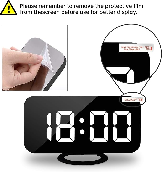 Digital Alarm Clocks,7" LED Mirror Electronic Clock,with 2 USB Charging Ports,Snooze Mode,Auto Adjust Brightness,Modern Desk Wall Clock for Bedroom Living Room Office - Black