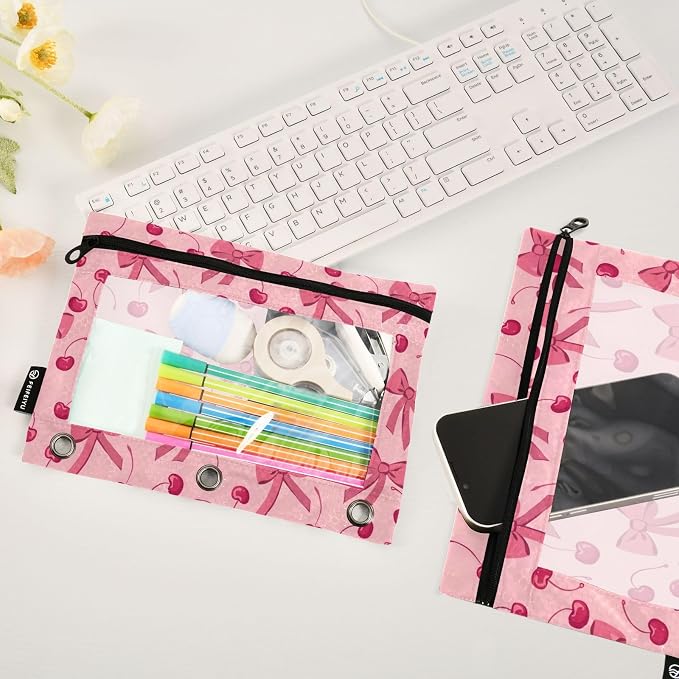 Pink Bow Cherry Pencil Pouch for 3 Ring Binder 2 Pack Zipper Binder Pencil Bag with Clear Window Pencil Case for Office Supplies