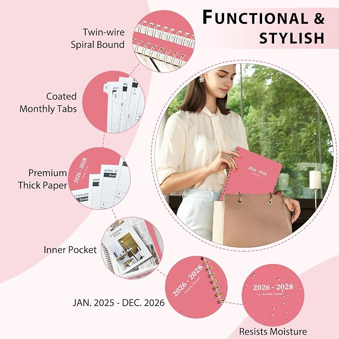Monthly Planner 2026-2028,2 Year Monthly Calendar Planner,JUL 2026-JUN 2028 | A4(8.5" x 11"),24 Months Planner with Tabs, Spiral Bound, PVC Cover, Inner Pocket for Student, Teacher, School and Office Use