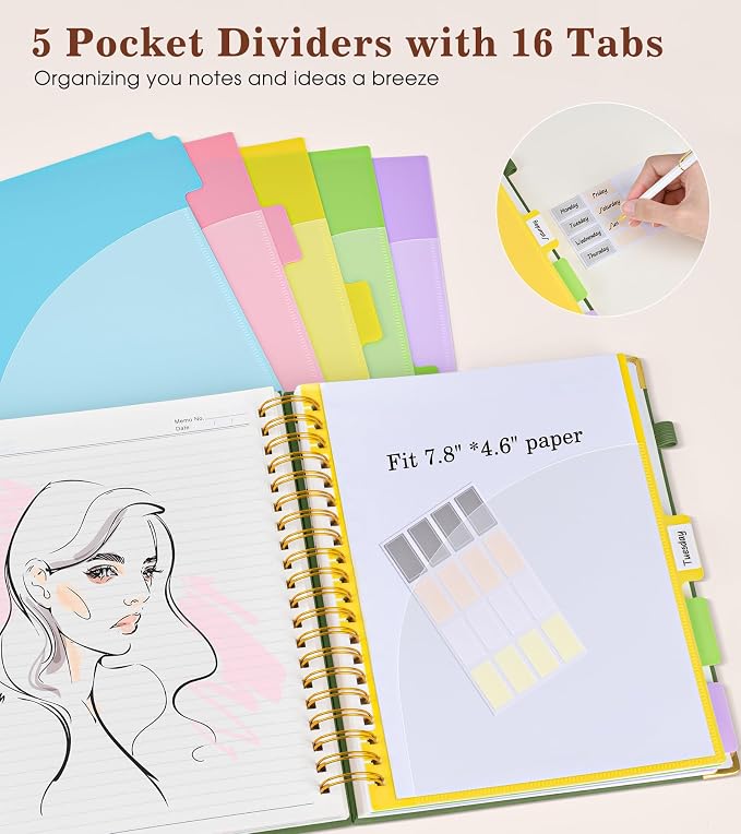 Hardcover Spiral Notebook with Removable Dividers Tabs, 300 pages Leather 5 Subject Notebook College Ruled, 6.2" x 8.2" Journal for Women Men, Small Notebooks for Work School Note taking,A5 Green