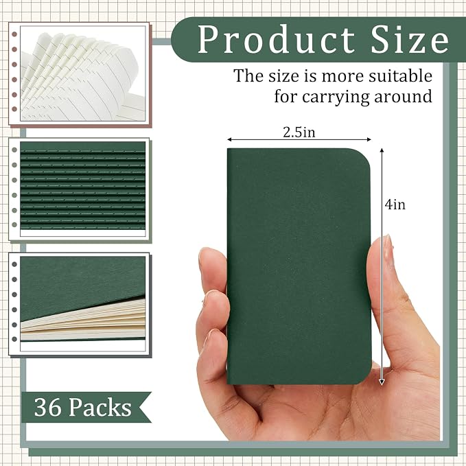Outus 36 Pcs Pocket Notebook Mini Journal 2.5" x 4" Kraft Paper Mini Notepad Bulk Softcover Pocket Notepad Memo Diary Subject Notebooks for Student Travel School (Green,Blank Cover)
