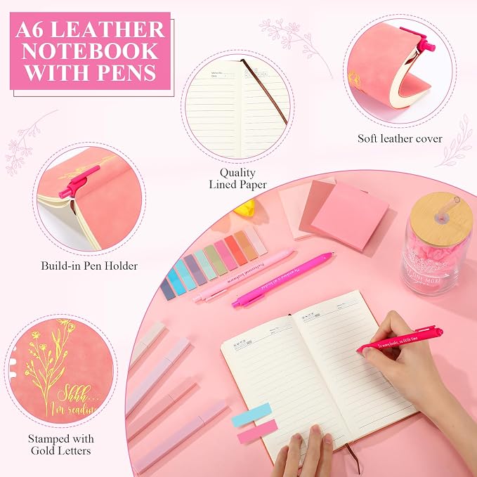 Havawish 14 Pcs Book Lovers Gift for Women 16 oz Glass Cup Tote Bag A6 Journal Notebook Pens Highlighters Sticky Notes Back to School Teacher Librarian Bookish Book Club(Flesh Pink,Aesthetic)