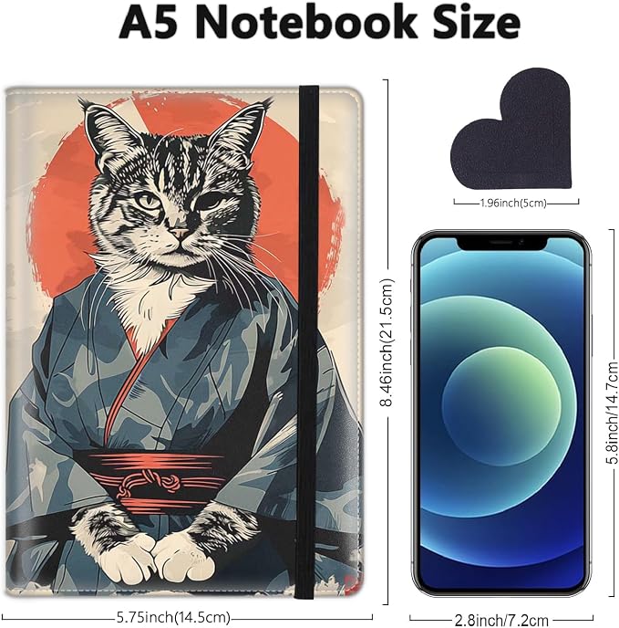 A5 Leather Lined Journal Notebook, 200 Pages Hardcover Executive Notebook for Men Women Office School Note Taking, Thick Writing Paper Daily Journal with Bookmarks/Indexes,Cat Samurai