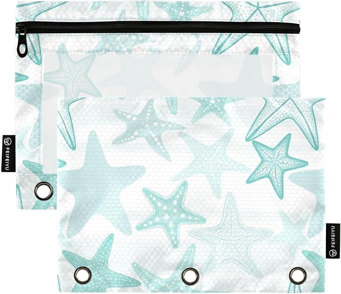 Gredecor Binder Pencil Pouch 3 Ring Starfish Monochrome Zipper Pencil Pouches Case 2 Pack Clear Binder Organizer for School Office