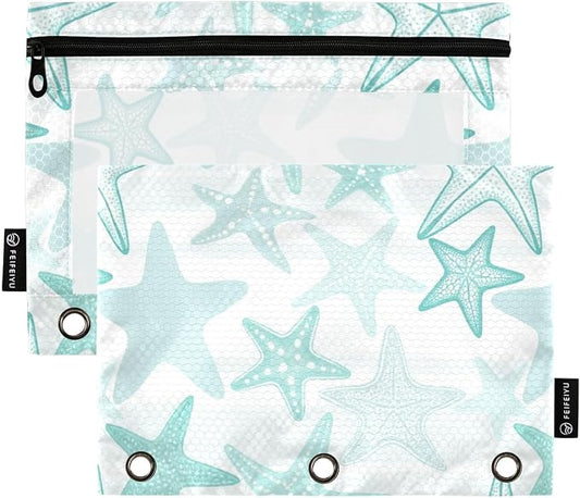 Gredecor Binder Pencil Pouch 3 Ring Starfish Monochrome Zipper Pencil Pouches Case 2 Pack Clear Binder Organizer for School Office
