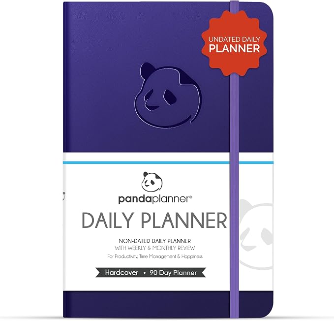 Panda Planner Classic A5 Undated Daily Planner 2026-2027, 8.25x5.75 Purple | Hourly schedule, to do list, habit tracker, gratitude journal, quarterly layout, 100 GSM paper