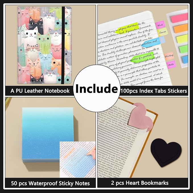 A5 Leather Lined Journal Notebook, 200 Pages Hardcover Executive Notebook for Men Women Office School Note Taking, Thick Writing Paper Daily Journal with Bookmarks/Indexes, Cat Family