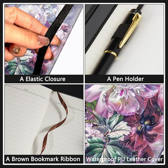 A5 Leather Lined Journal Notebook, 200 Pages Hardcover Executive Notebook for Men Women Office School Note Taking, Thick Writing Paper Daily Journal with Bookmarks/Indexes, Peony