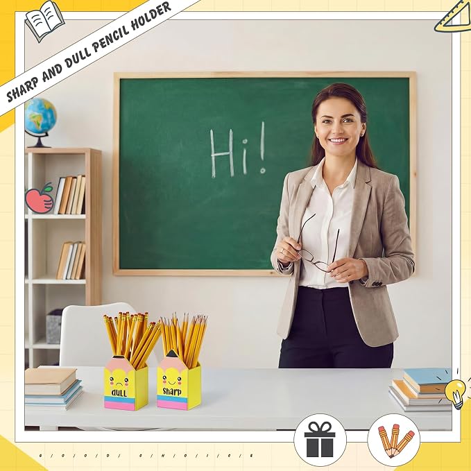 DoubleFill 2 Pcs Yellow Pencil Shaped Holder Sharp Dull Holder Wooden Dispenser Pen Storage with Classic Pencil Shaped Design for Back to School Teachers Classroom Organization Accessories