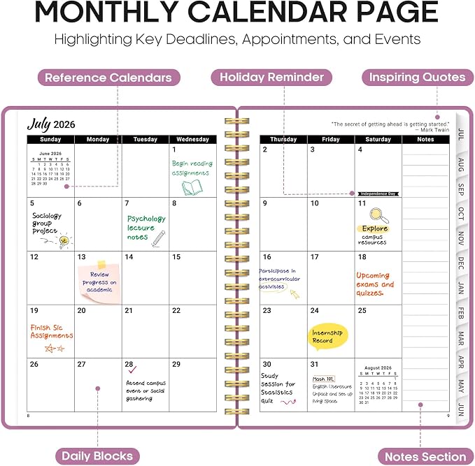 Planner 2026-2027, 6.3" x 8.5" Weekly and Monthly Academic Year Planner Calendar, July 2026 - June 2027, Hardcover Large School Planning Agenda With Tabs, Perfect for School & Office Supplies, A5, Purple