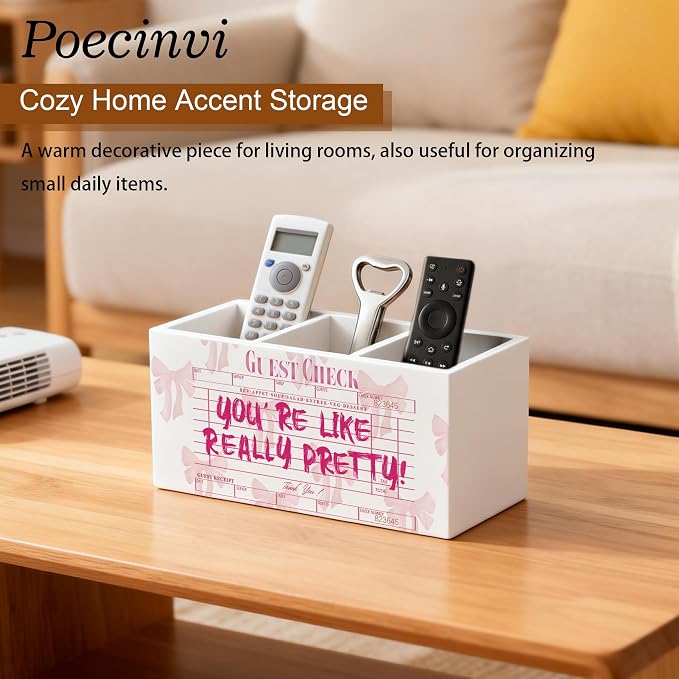 Trendy Coquette Pink Bow Pen Holder for Home Office Desk, Pink Girly Office Decor, You're Like Really Pretty Guest Check Wooden Box Sign Pencil Holder for Desk Shelf Organizer