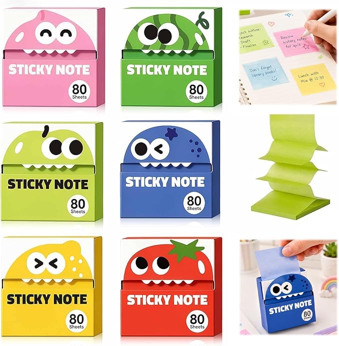6 Boxes of Transparent Pull Out Sticky Notes (480 Sheets Total), Cute Fruit Monster Pop Up Sticky Notes, Office Stationery Work Accessories with Strong Adhesion Suitable for Office Work