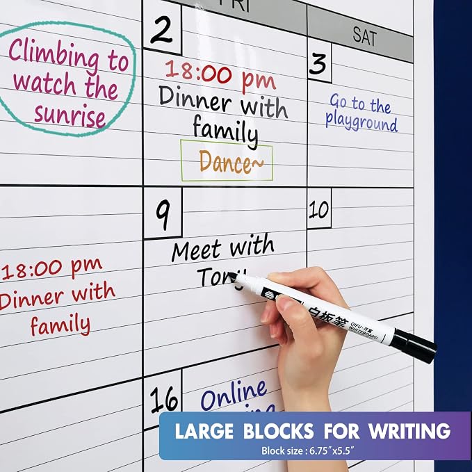Dry Erase Monthly Extra Large White Board Calendar for Wall, 38" by 50", Jumbo Laminated Erasable One Month Whiteboard Calendar, Huge Oversized Blank 30-Day Poster with Lines and Squares