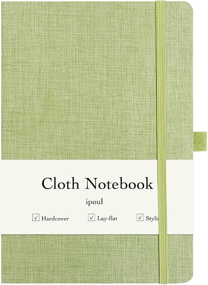 ipoul A5 Notebook, Linen Journal, 8x6, Lined Page, Journal for Writing, Hardcover, Lay Flat, Elastic Closure & Pen Loop, Green