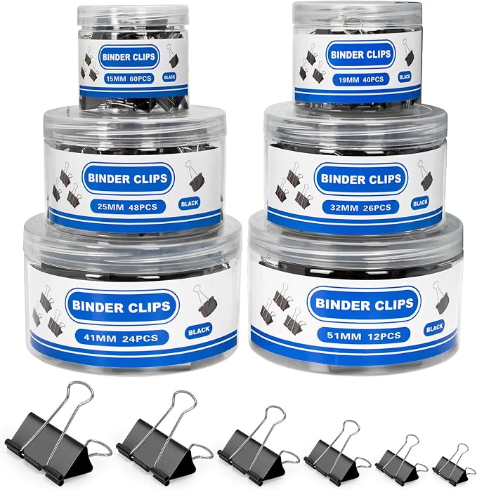 BainGesk 210 PCS Binder Clips Paper Clamps Assorted Sizes, Metal Paper Binder Clips, Black Binding Paperwork Clamp Bulk, 6 Sizes in 6 Boxes, School, Office Supplies