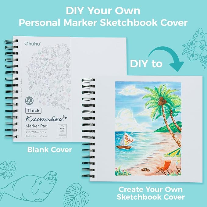 Ohuhu 8.3"x8.3" Double-Sided Bleedproof Marker Pad Art Sketchbook 50 Sheets | Square Sketch Book - 160 LB/280 GSM Smooth Drawing Paper - 50 Sheets/100 Pages - Spiral-Bound Sketch Pad for Alcohol Markers