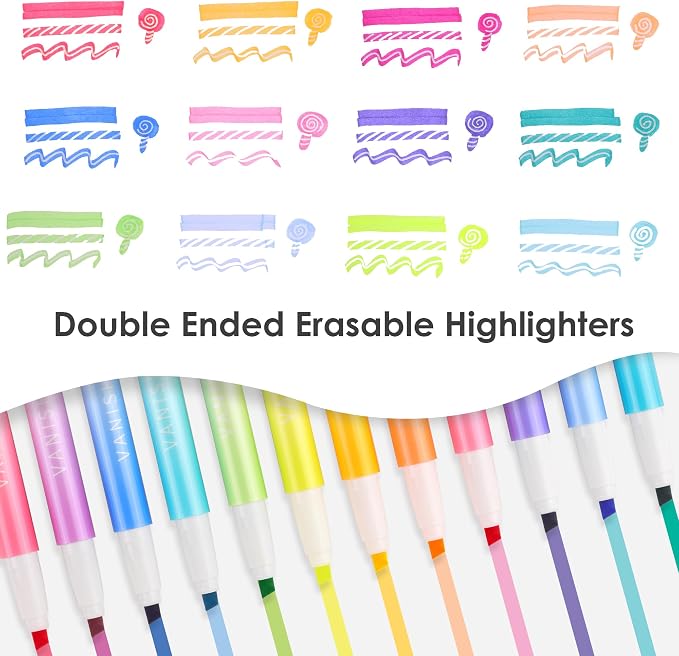 HANKU Erasable Highlighters Assorted Colors 12 Pack, Dual Tip Erasable Markers Pens, Chisel Tip Smooth Writing Highlighters Journaling Supplies Planner Accessaries