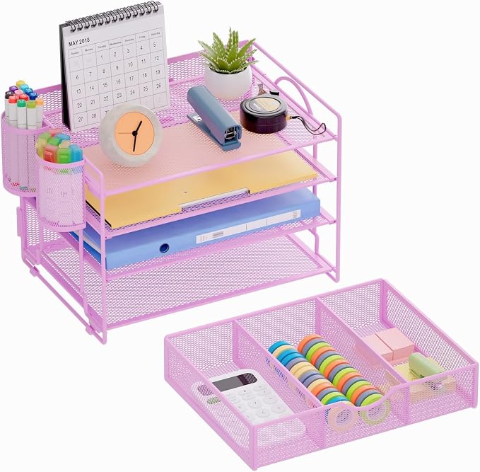 Marbrasse Desk Organizer and Accessories, 4-Tier Paper File Letter Tray Accessories & Workspace Desk Organizers with Drawer and 2 Pen Holders for School Home Office Supplies (Purple) 2Pack