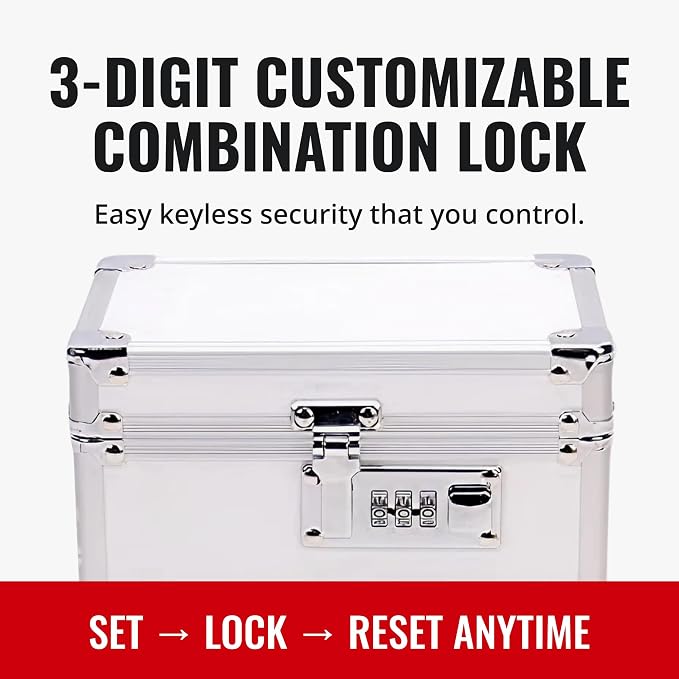 Vaultz Locking Medicine Box with Combination Lock - Secure Metal Lock Box Safe for Medication, Pills & Valuables, Small Lockbox with Code, Portable Storage Case, White | Metal lock box, storage case for medication and small valuables, 3-digit combinati...