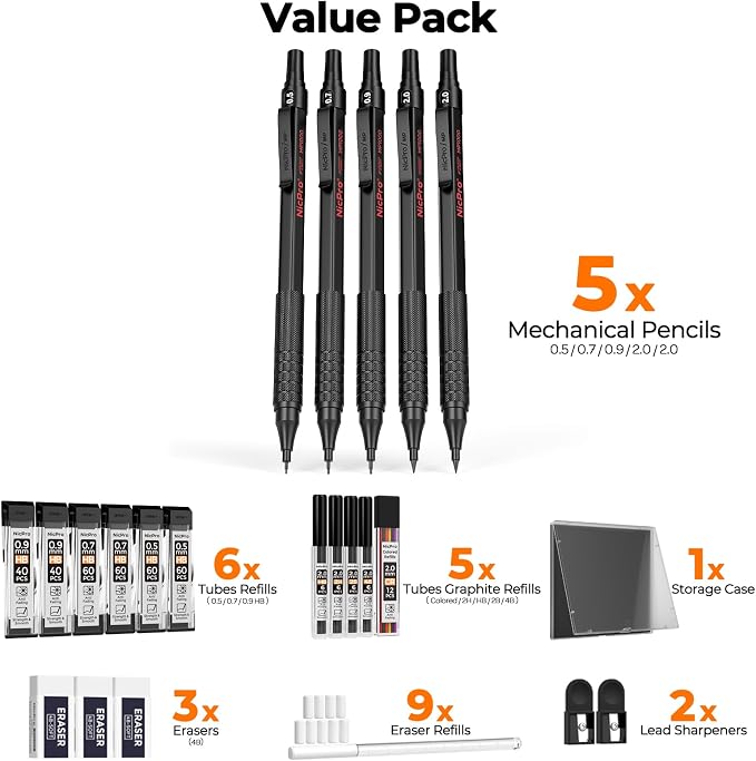 Nicpro 22PCS Art Mechanical Pencil Set， Metal Drawing Sketching With Eraser | Pencil Black Artist Drafting 0.5 & 0.7 & 0.9 mm & 2PCS 2mm Graphite Holder(4B 2B HB 2H) for Writing With Lead Refills Case