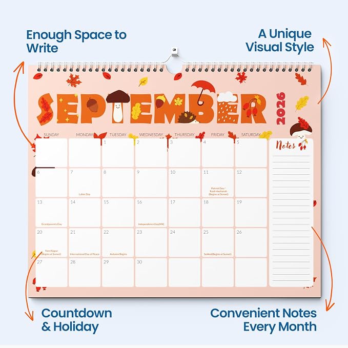 SUNEE 2026-2027 Calendar - 18 Months Wall Calendar Jul. 2026 - Dec. 2027, 14.5"x11.5" Big Grid Hanging Calendar with Note for Organizing & Planning, Cute