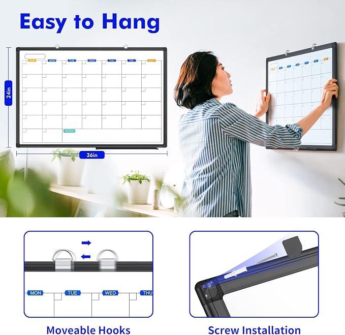 Magnetic Dry Erase Calendar Whiteboard 36" x 24" Aluminum Frame（Black） | Magnetic Monthly Planner Board, Wall Mounted or Hanging. Calendar Design Suitable for Daily Planning of Home, Office, Class