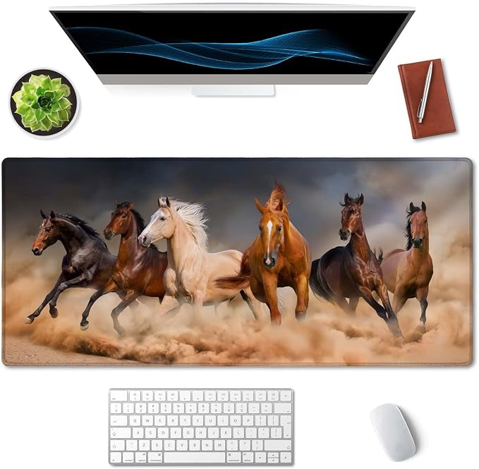 SSOIU Extended Gaming Mouse Pad (35.5x15.7 in), Large Non-Slip Rubber Base Mousepad with Stitched Edges, Waterproof Keyboard Mouse Mat Desk Pad for Work, Game, Office, Home - Running Horses