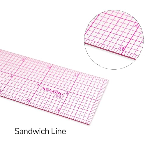 KEARING 2"x12" Clear Sewing Graph Ruler - PVC Plastic Pattern Grading Ruler | Flexible 1.2mm clear plastic 12" grid ruler for fashion design. Sandwich line markings never rub off for sewing